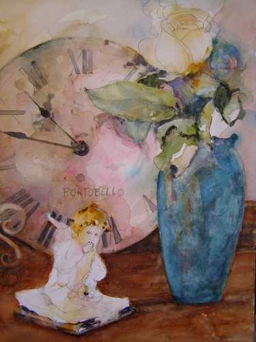 Painting-Still Life-Clock, Vase & Angel
