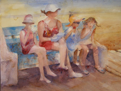 Painting-Genre-Beach Girls and Kid