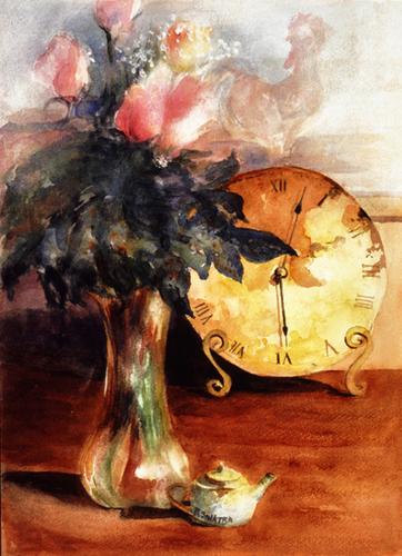 Painting-Still Life-Clock and Roses