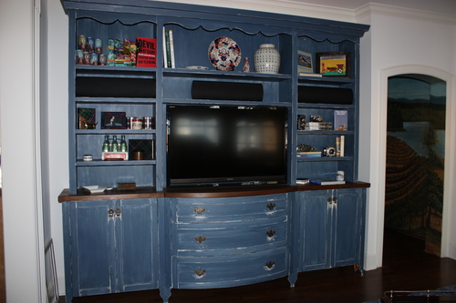 Decorative-Distressed blue entertainment center