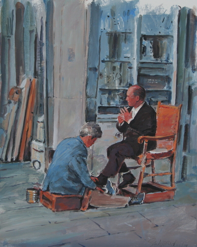 Painting-Figurative-Shoe shine in Piazza de Carini