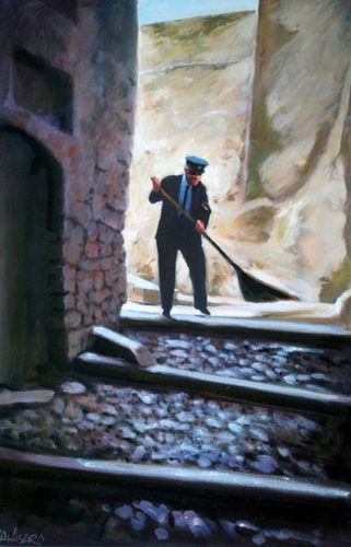 Painting-Sidewalk Sweeper, Cocenza, Calabria in Italy 