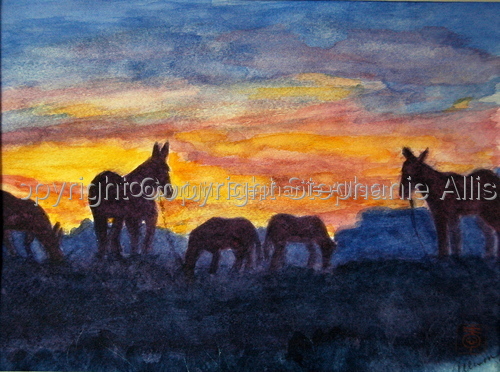 Painting-Animals-Mules Grazing at Sunset