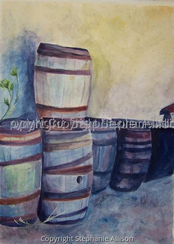 Painting-Still Life-Old Whiskey Barrels