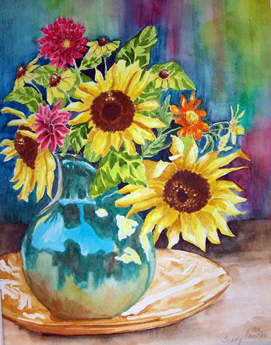 Painting-Still Life-Sunflowers in Pitcher