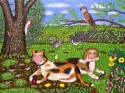 Painting--Acrylic-AnimalsFrolica the Calico Cat with Brenda the Beagle -- Everybody Getting along Today