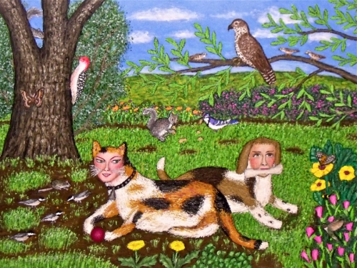 Painting-Animals-Frolica the Calico Cat with Brenda the Beagle -- Everybody Getting along Today