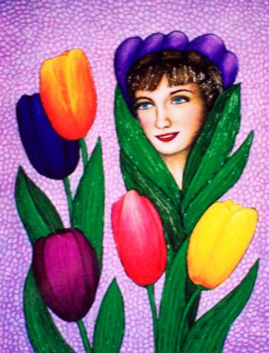 Painting-Portrait-Prunella Face Among the Tulips