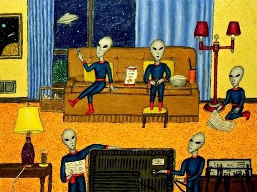 Painting-Fantasy-Clueless Gray Aliens Watch TV