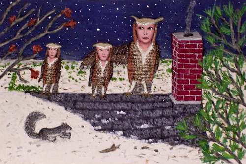 Painting-Animals-Lukie the Horned Owl -- Refuge on the Roof
