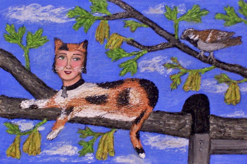 Painting-Animals-Frolica the Calico Cat -- Up a Tree