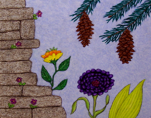 Painting-Still Life-Flowers, Stones, and Pine Cones