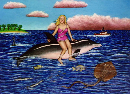 Painting-Figurative-Girl on a Dolphin
