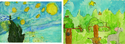 Painting-Two Distinct Explorations of Landscape: Left, a student creates a master copy of Van Gogh's Starry Night. Right, a student creates a jungle from his imagination. Watercolor, and Permanent Marker, Grades 3-4.