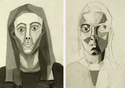 Drawing--PastelsGeometric Studies of the Face, Grey Toned Pastels: By dividing their own faces into angular forms and rendering light by toning each shape individually, students learn to understand the underlying structures of the head.