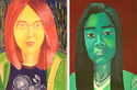 Painting-Two Self-Portraits in Experimental Colors, Tempera Paint.