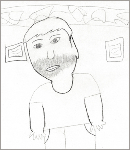 Drawing-A scruffy Mr. Chernick tilts left in a gesture of inquisitiveness.