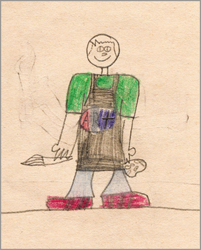 Drawing-A cheerful Mr. Chernick loosely grasps his brush and pallet.