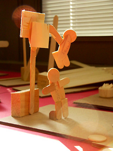 Sculpture-Sculpting in Wood, �Slam Dunk� Wood, Cardboard, and Oak Tag, Grade 3.