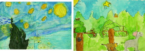 Painting-Two Distinct Explorations of Landscape: Left, a student creates a master copy of Van Gogh's Starry Night. Right, a student creates a jungle from his imagination. Watercolor, and Permanent Marker, Grades 3-4.