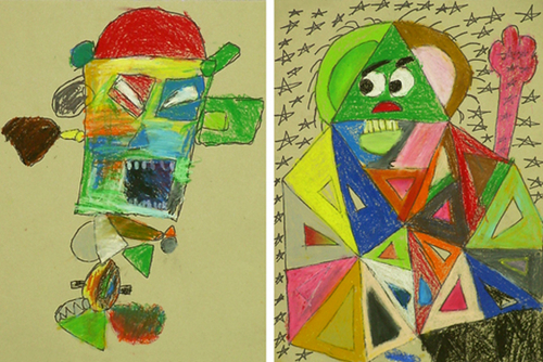 Drawing-Combining Basic Geometric Shapes to Create Extraordinary Creatures, Oil Pastel and Permanent Marker, Grade 3.