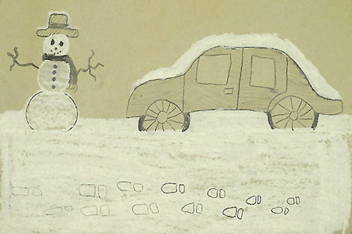 Drawing-Snow Day Drawing: On a snowy winter day students compiled a list of observations about the way snow looks and then created grey-toned drawings. Pencil and White Oil Pastel on Grey Paper, Grade 5 (Special Education).