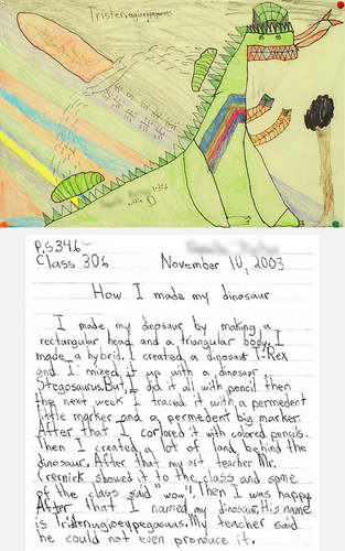 Drawing-Dinosaur Drawing with Student Writing Sample. Permanent Marker and Colored Pencil, Grade 4.