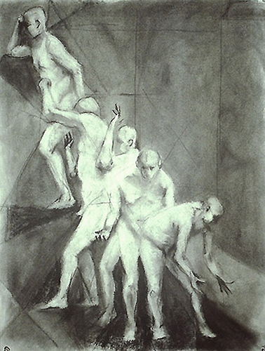 Drawing-Drawing the figure in motion (5 sequential steps), Charcoal.