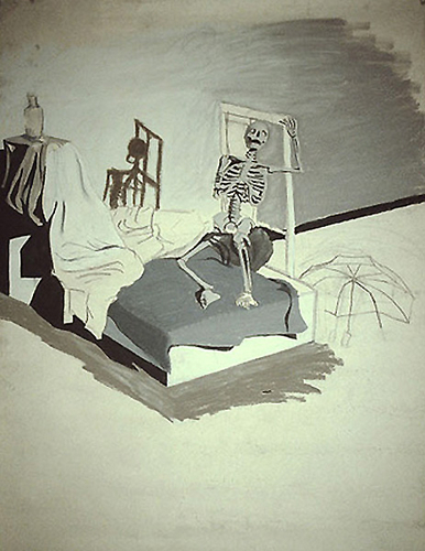 Drawing-Still Life with Skeleton, Grey Pastels.