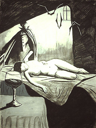 Drawing-Drawing from life combined with imaginary elements, Charcoal.