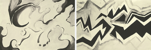 Drawing-Whisper/Scream Drawings, India Ink: Using abstracted imagery students were challenged to create diptychs that translated the concept of a whisper and scream into visual terms. Which image do you think whispers and which one screams?