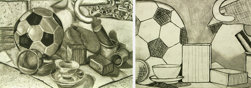 Drawing-Still Life Drawings in Different Styles, Charcoal and Pencil: Through drawing still life setups from observation students learn basic and intermediate principles of drawing including: composition, perspective, proportion, and rendering light.