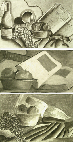 Drawing-Multiple Drawing of the Same Still Life: Charcoal and Grey-Toned Pastels.