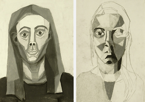 Drawing-Geometric Studies of the Face, Grey Toned Pastels: By dividing their own faces into angular forms and rendering light by toning each shape individually, students learn to understand the underlying structures of the head.