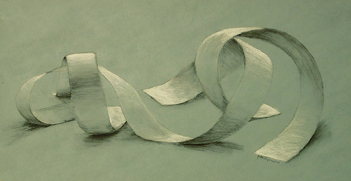 Drawing-Chiaroscuro Drawing, White Chalk and Charcoal on Toned Paper: Drawing curved strips of paper, students learn to render highlights and shadows in black and white while allowing the color of the paper to function as a mid-tone.