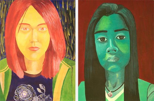 Painting-Two Self-Portraits in Experimental Colors, Tempera Paint.