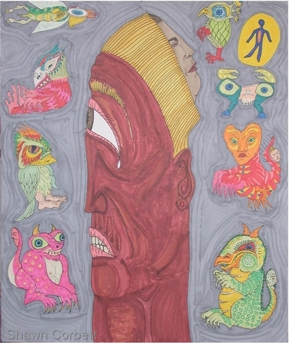 Drawing-Carranca Surrounded by Mythical Beasts Including a Man Going to Heaven