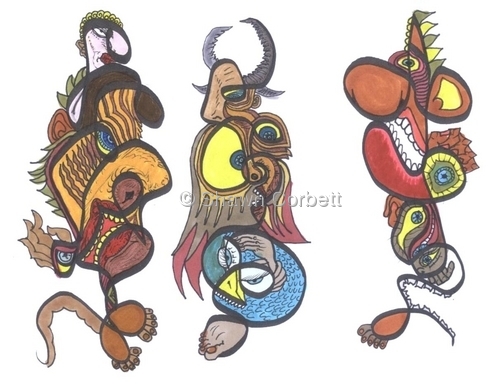 Drawing-Three Figures Debating the Concept of Moral Evil