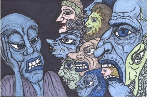 Drawing-Various Heads on Black