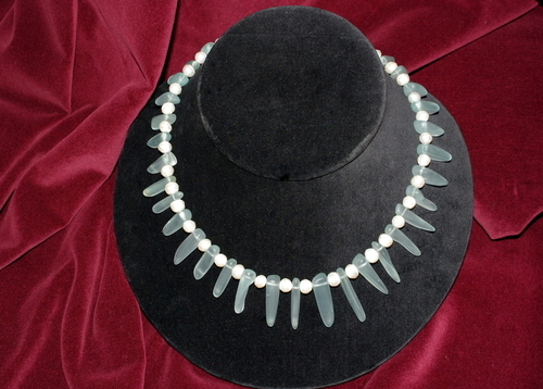 Beach Glass, Fresh Water Pearls, Sterling Silver Clasp and extension chain