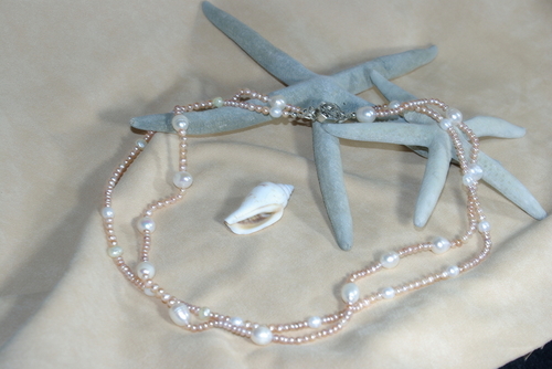 Peach and White Fresh Water Pearls and 14k gol-filled Necklace