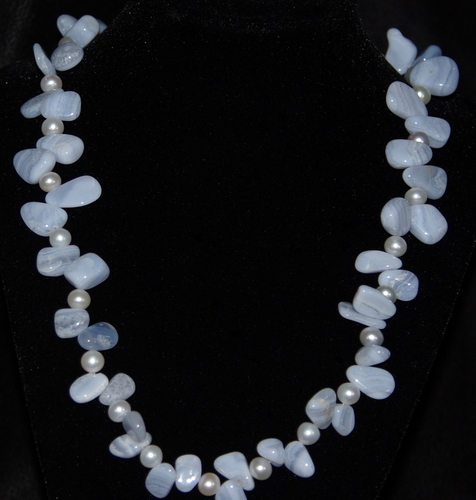 Blue Lace Agate, Fresh Water Pearls & Sterling Silver Necklace