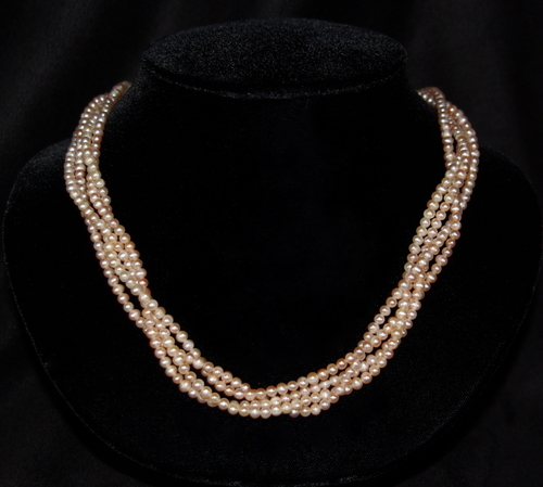 Four Strand Braided Rose Fresh Water Pearls and Sterling Silver Necklace