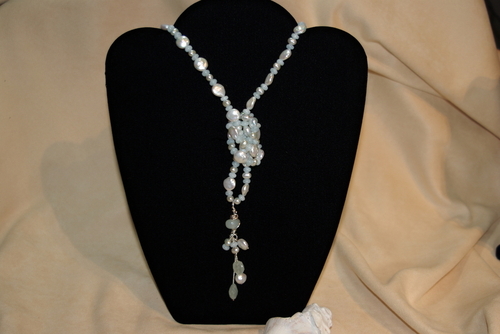 Aquamarine, Fresh Water Pearl and Stirling Silver Knot Necklace