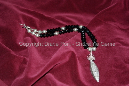 Sterling Silver., Fossil, Faceted Large, Black Onyx.  Sterling Silver, Necklace
