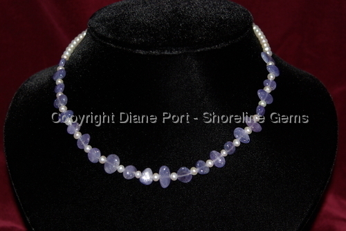 Tanzanite Nuggets with Fresh Water Pearls on Sterling Silver Extention Chain