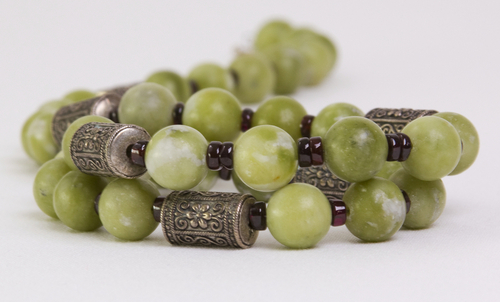 Jewelry-Necklaces-Antique Cylinder Beads and Green Rounds Necklace
