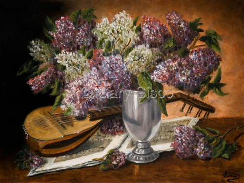 Still life with mandolin and lilacs