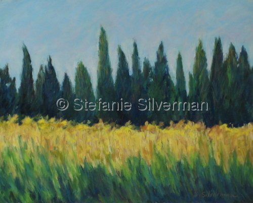 Painting-Pastels-Provence Cypress Trees and Field