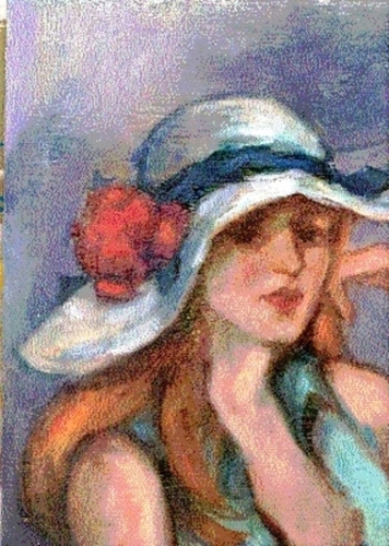 Painting-Portrait-Girl with Red Flowered Hat
